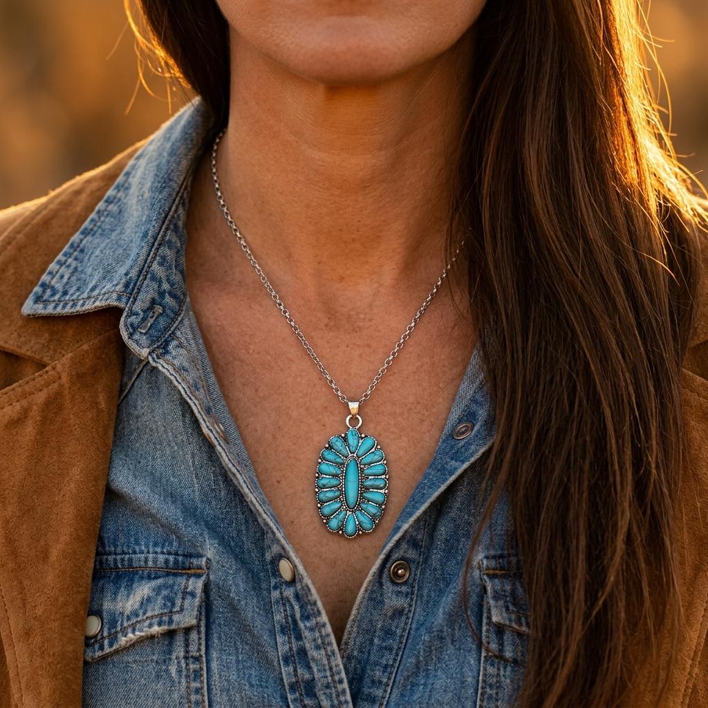 Boho Silver Turquoise Inlay Necklace