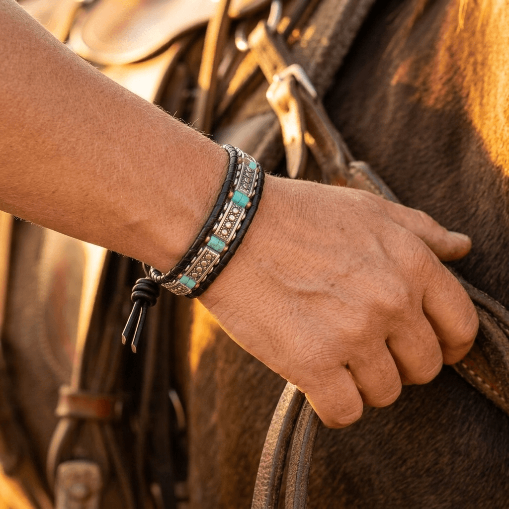 Vintage Green Turquoise Beaded Leather Bracelet